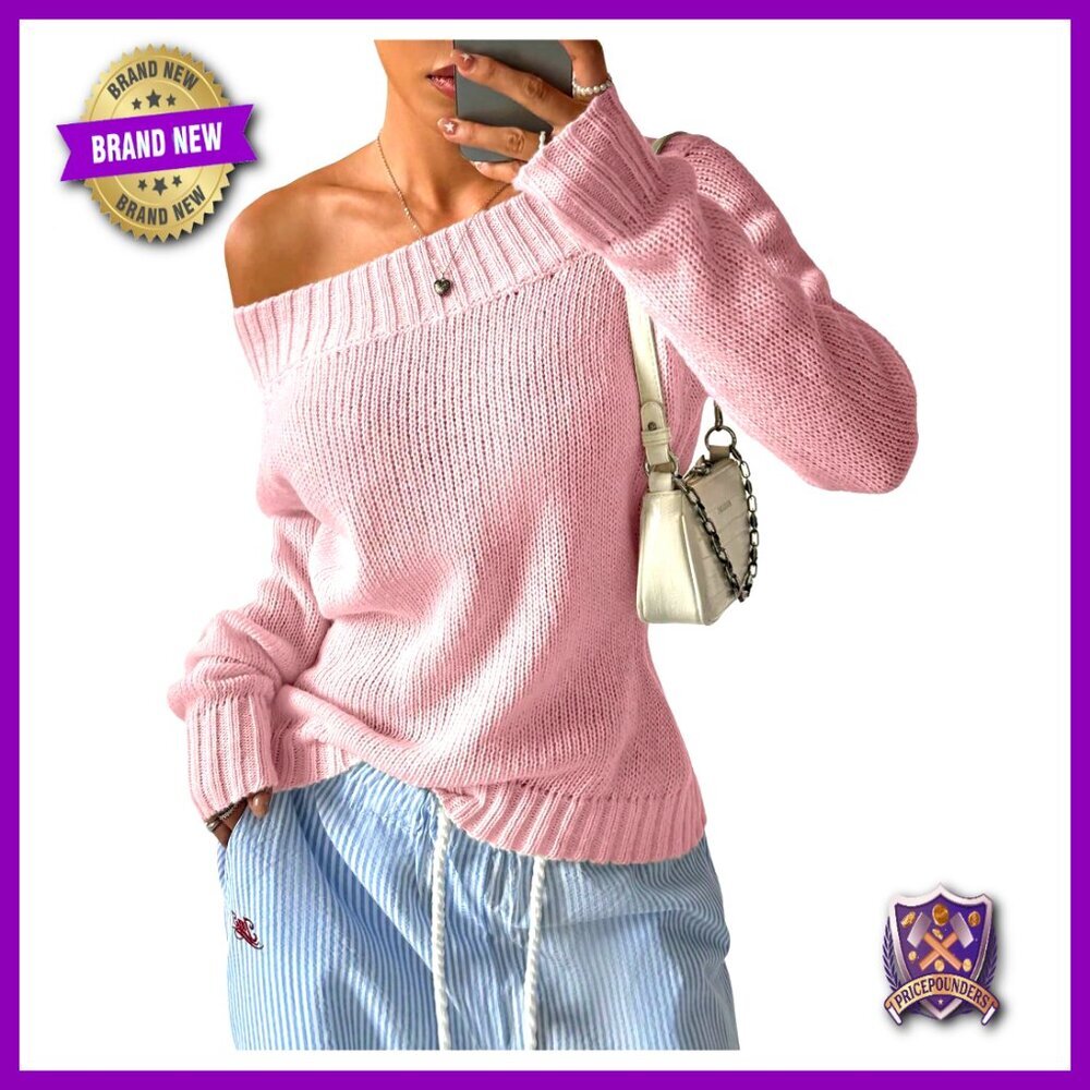 Off Shoulder Sweater Pullover Long Sleeve Loose Fit Fall Knit Top